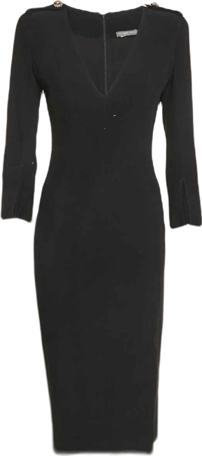 Women's Black Crepe V-Neck Midi Dress