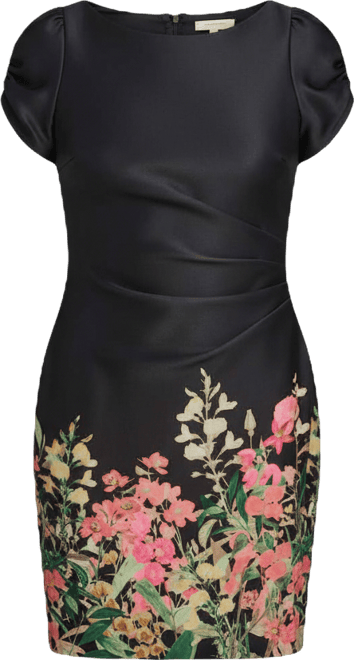 Women's Short-Sleeve Floral Border Hem Sheath Dress