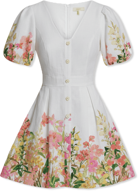 Women's Floral Border Linen Puff-Sleeve Dress