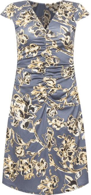 Women's Floral V-Neck Cap Sleeve Ruched Front Knee Length Dress
