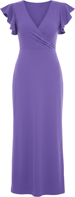 Women's Solid V-Neck Tulip Hem Ruffle Sleeve Faux Wrap Maxi Dress