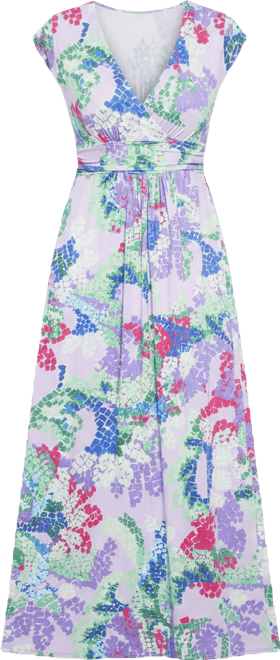 Women's Abstract V-Neck Cap Sleeve Side Slit Pocket A-Line Maxi Dress