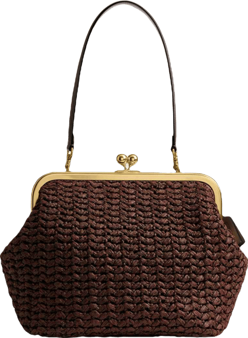 COACH Kisslock 27 Frame Shoulder Raffia Bag in Brown