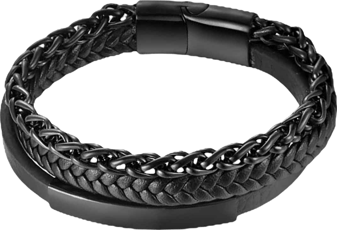 Men's Lexor Black Leather & Stainless Steel Bracelet