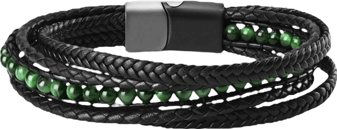 Men's Vero Green Leather Bracelet in Stainless Steel