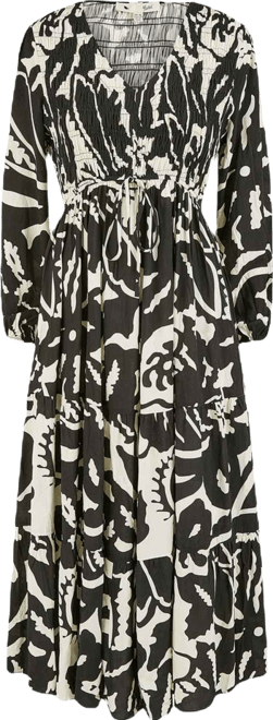 Women's Abstract Print Ruched V-Neck Midi Dress