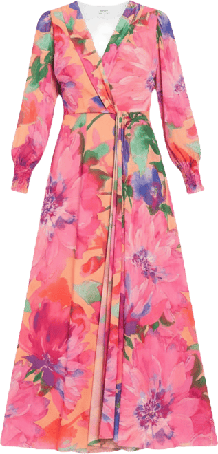 Women's Shirred Surplice Twist Bishop-Sleeve Maxi Dress