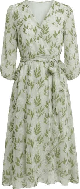 Petite 3/4 Sleeve V Neck Belted Chiffon Dress