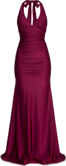 Juniors' Ruched Sleeveless Halter Gown