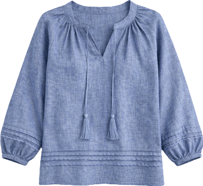 Women's 100% Linen Crochet-Trim Tie-Neck Top, Macy's Exclusive