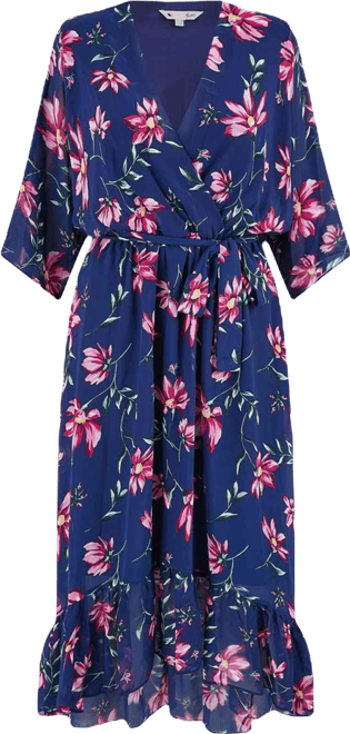 Women's Floral Kimono Wrap Dipped Hem Midi Dress