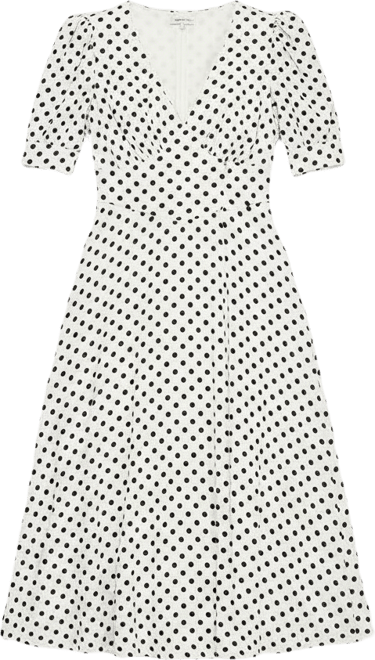 Premier Amour Womens Midi V Neck Short Sleeve Puffed Polka Dot Fit + Flare  Dress, Color: Offwhite Black - JCPenney