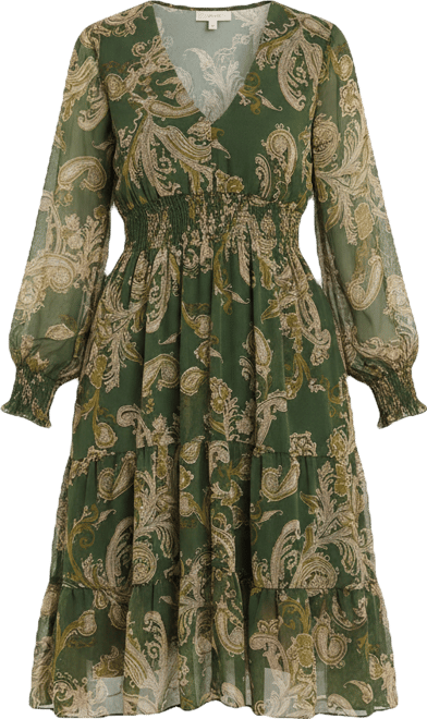 Women's Long-Sleeve Clip Dot Chiffon Dress with Smocked Waist and Cuffs