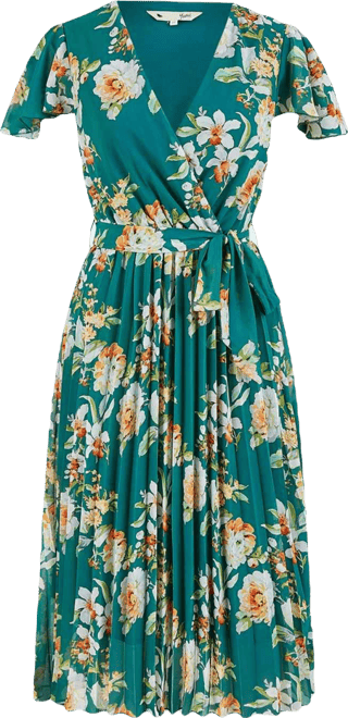 Women's Pleated Floral Tie-Waist Wrap Midi Dress