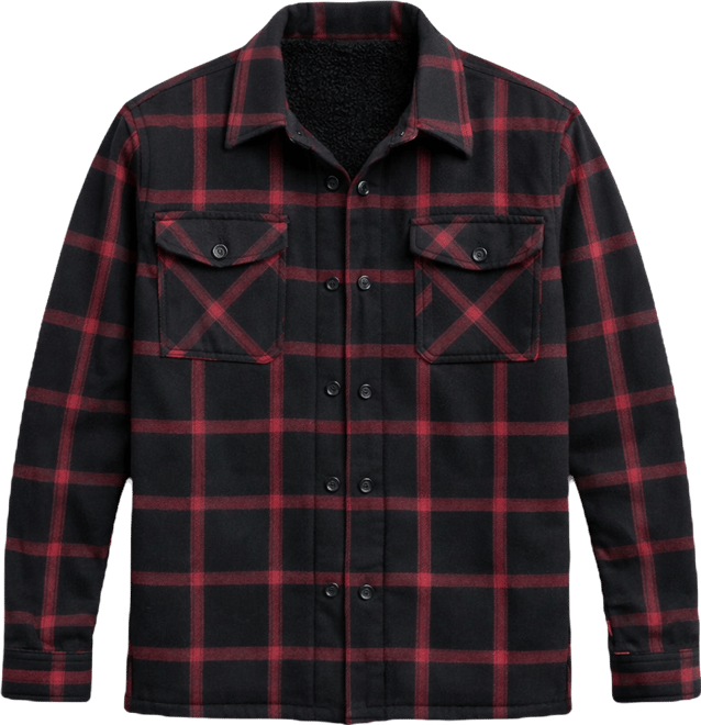 Men's Cotton Plaid Flannel Button-Up Shirt Jacket With Faux Shearling Lining