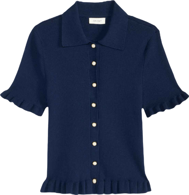 Women's Short-Sleeve Ruffle-Trim Collared Cardigan, Macy's Exclusive