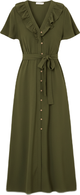 Women's Ruffle Collar Midi Shirt Dress