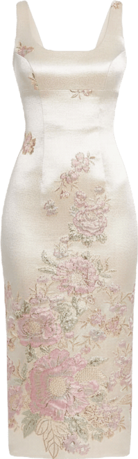 Petite Slim Strap Scoop Neck Bustier Brocade Midi Dress