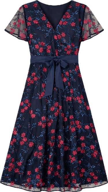 Women's Floral Mesh Wrap Midi Skater Dress