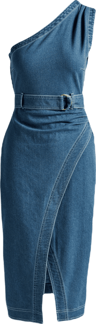 One Shoulder Front Slit Denim Column Mid Dress - Dark Wash | Boston Proper