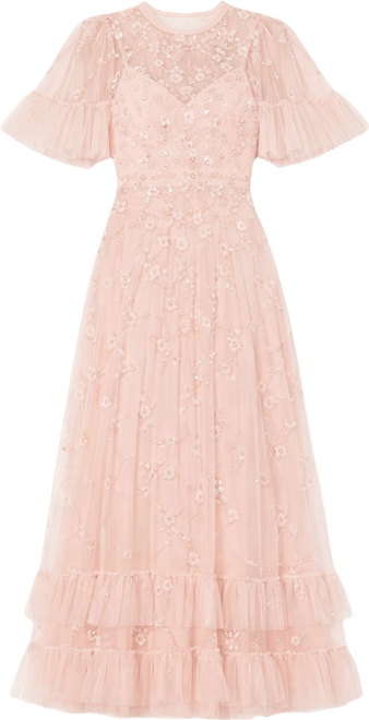 Women's Ruffled Floral Embellished Flutter Sleeve A Line Gown