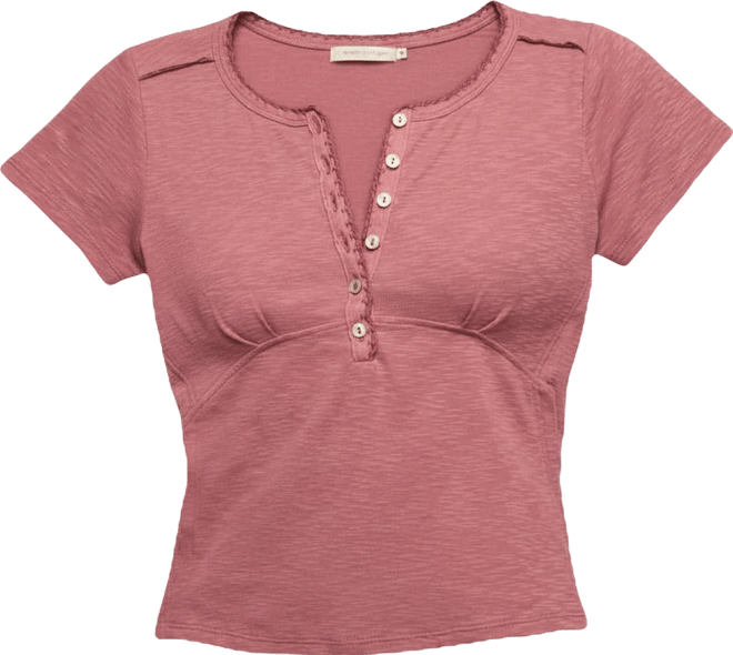 Women's Crochet Trim Short-Sleeve Henley Top