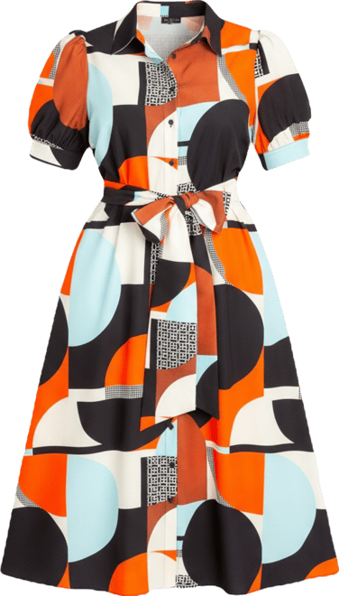 Women's Plus Size Geometric Print Puff Sleeve Shirtdress with Tie Waist Detail