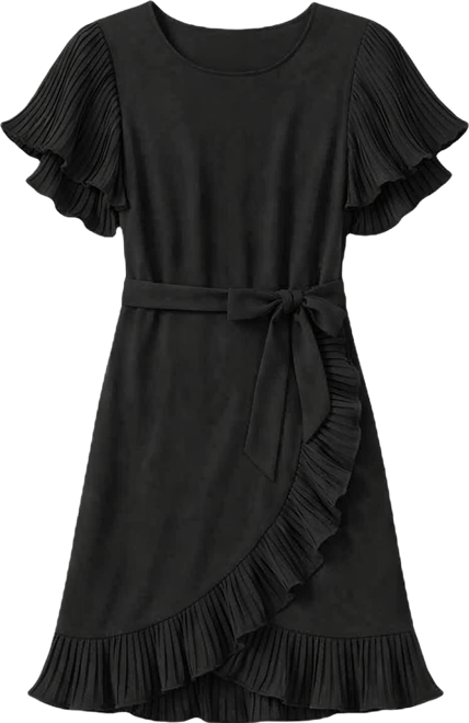 Petite Short-Sleeve Pleated Ruffle Dress