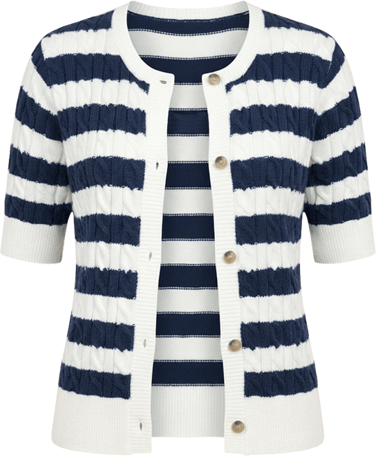 Short Sleeve Stripe Cable Cardigan at Cotton Traders