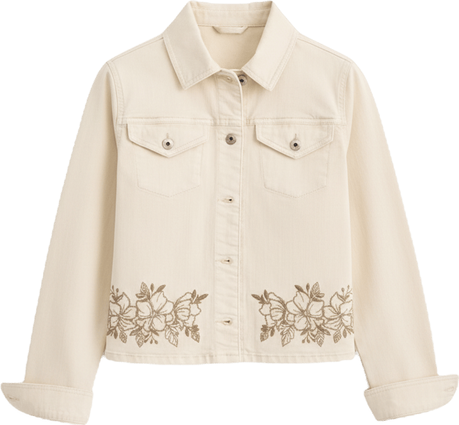 Petite Cropped Embroidered Denim Collared Jacket, Macy's Exclusive