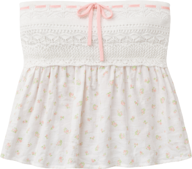 Juniors' Strapless Crochet Sweater Peplum Top