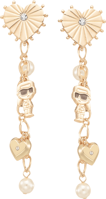 Pave Heart, Imitation Pearl & Karl Charm Linear Drop Earrings