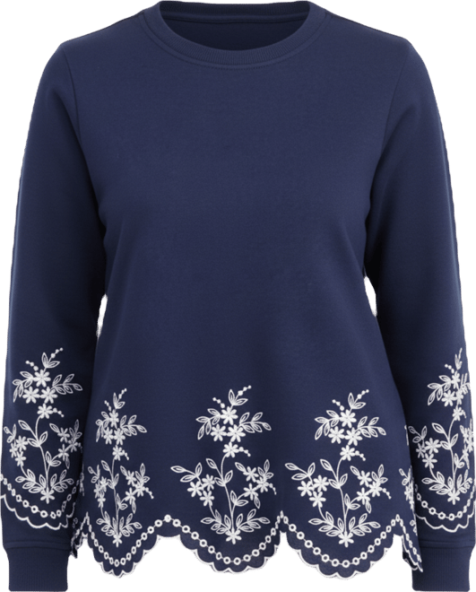 Petite Long-Sleeve Trim Eyelet Knit Crew Neck Top, Macy's Exclusive