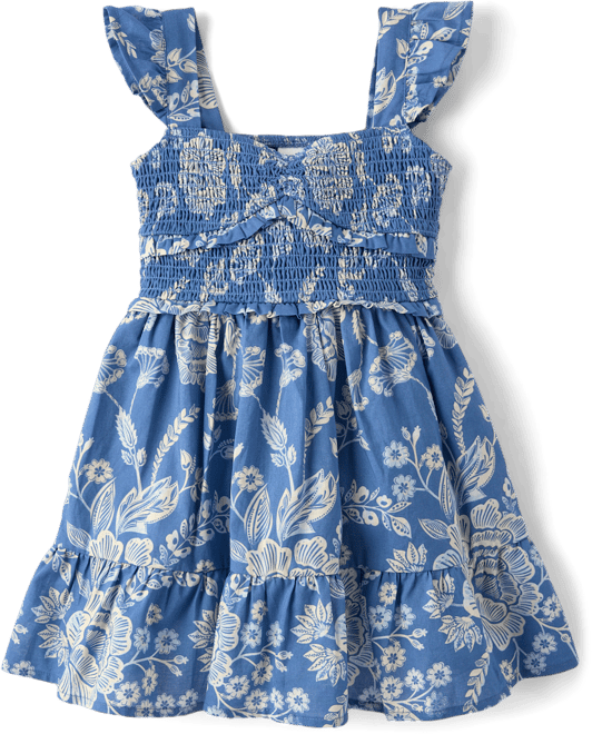Girls Floral Smocked Ruffle Dress