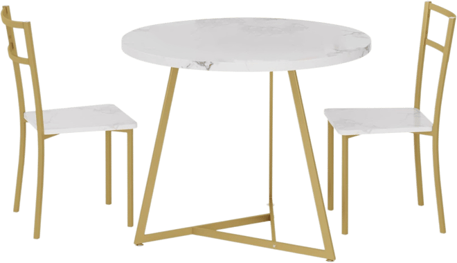 3-Piece Round Dining Set for 2, Table with Cushioned Chairs, Gold White
