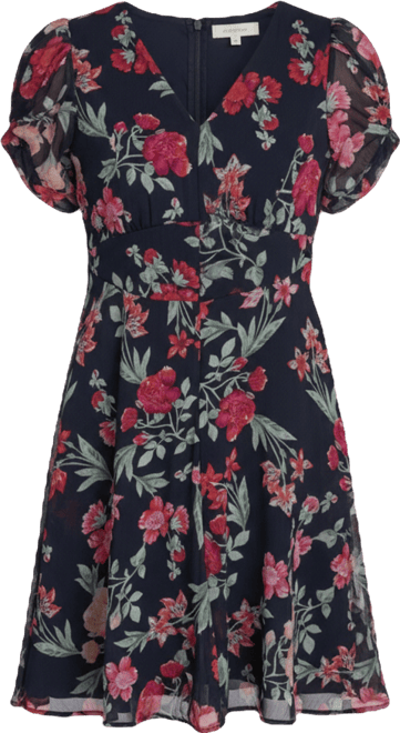 Calvin Klein Women's Puff-Sleeve Printed V-Neck Chiffon Dress