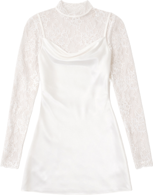 Six Stories Women's Lace Sleeve Cowl Satin Mini Dress - Macy's