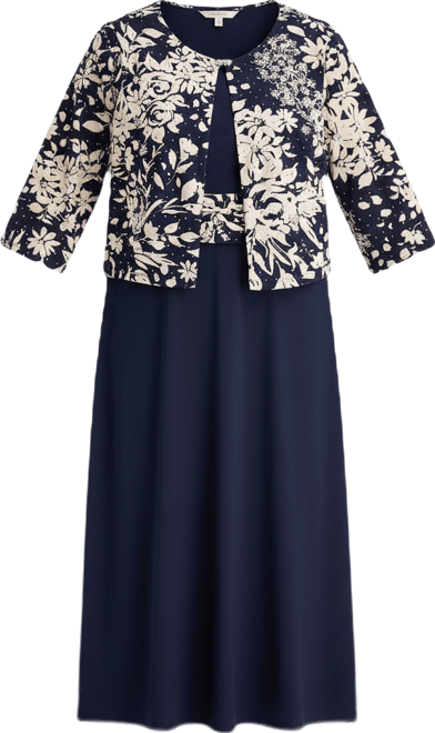 Jessica Howard Women's Plus Midi Floral Jacket Dress | Blue | Plus 20w | Dresses Jacket Dresses | Rhinestones | Wedding Guest Dresses | Mother of the