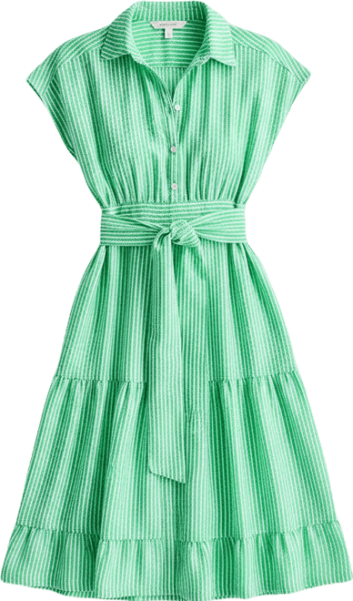 Danny & Nicole Women's Belted Short Sleeve Midi Striped Shirt Dress | Green | Petites 14 Petite | Dresses Shirt Dresses | Belted|Tiered|Lined|Smocked