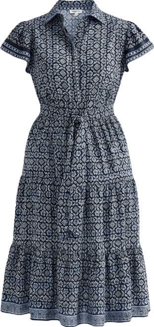 perceptions womens short sleeve midi fit flare dress Perceptions Women's Midi Short Sleeve Flutter Geo Linear Fit + Flare Dress | Blue | Women's Large