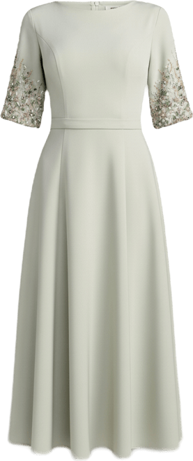 Women's Crepe A Line Midi Dress With Beaded Sleeves