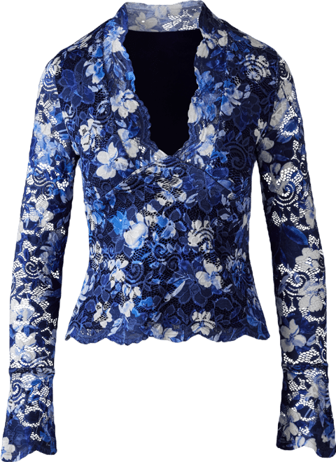 Printed Lace V Neck Long Sleeve Top - Blue Multi | Boston Proper
