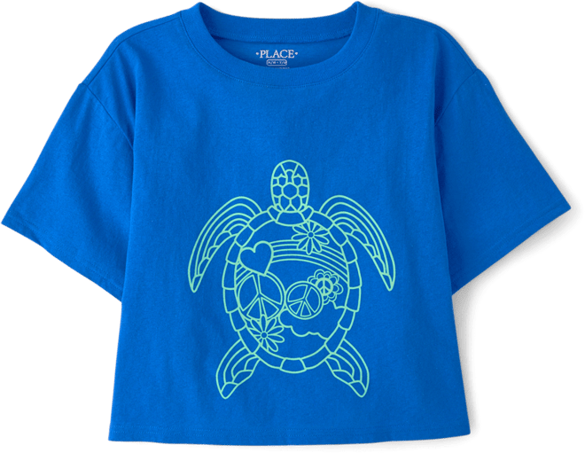 Girls Short Sleeve Turtle Relaxed Cropped Graphic Tee - BLUE | The