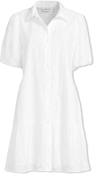 Lands' End Women's Elbow Sleeve Eyelet Knee Length Shirt Dress - Crisp Purple Floral Eyelet