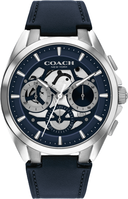 COACH Men's Jackson Navy Leather Strap Watch, 41.5mm - Macy's