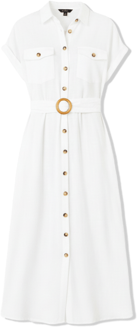 knee length dresses for ladies Yumi Brown Viscose Linen Look Midi Shirt Dress With Wooden Belt – Hstrends main image 1