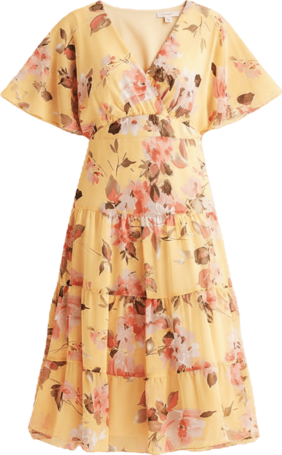 Connected Apparel Womens V Neck Short Sleeve Flutter Floral Fit + Flare  Dress, Color: Yellow - JCPenney