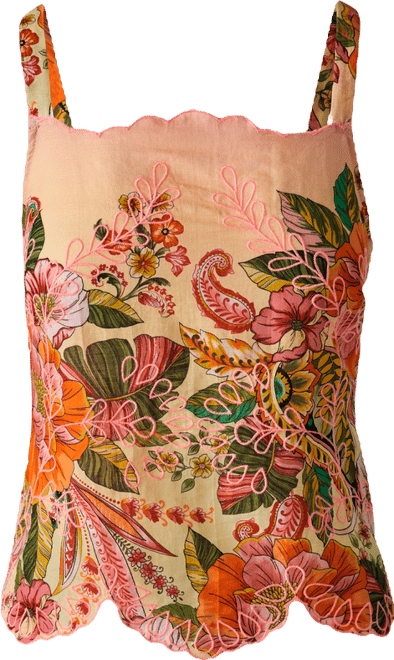 Printed Embroidered Linen Scallop Hem Cami - Paisley Blooms