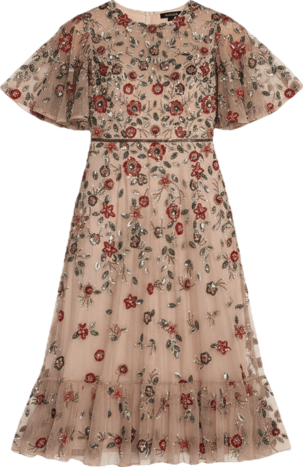 mac duggal floral flutter sleeve mesh print dress Mac Duggal - Illusion Floral Midi Dress with Ruffle Detailing