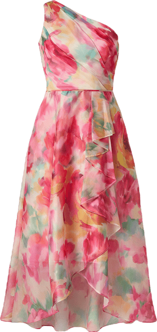 Adrianna Papell Petite Size Printed Orgnaza One Shoulder Ruffle